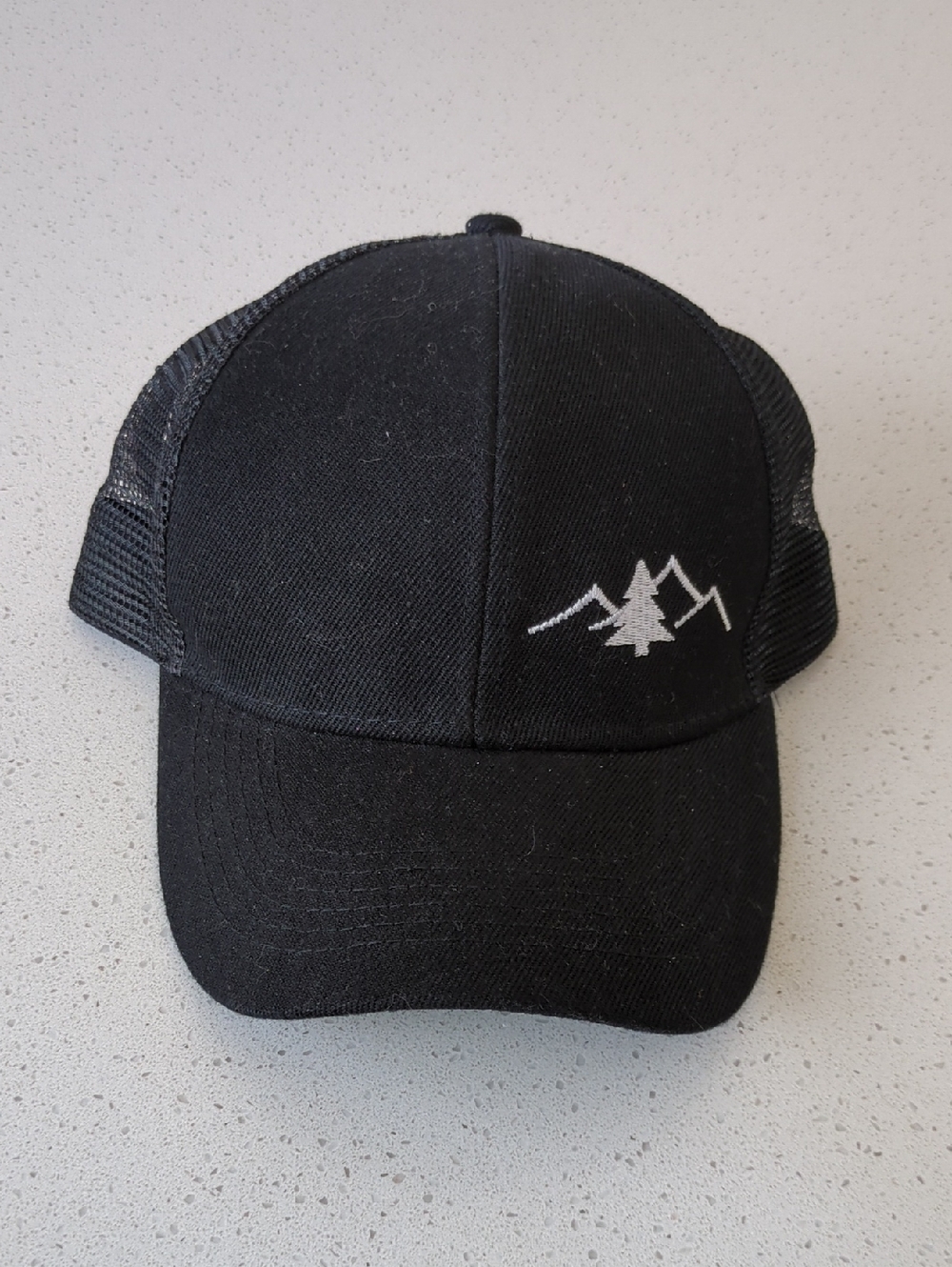 Black Mesh Trucker Cap with Mountain & Tree Embroidery